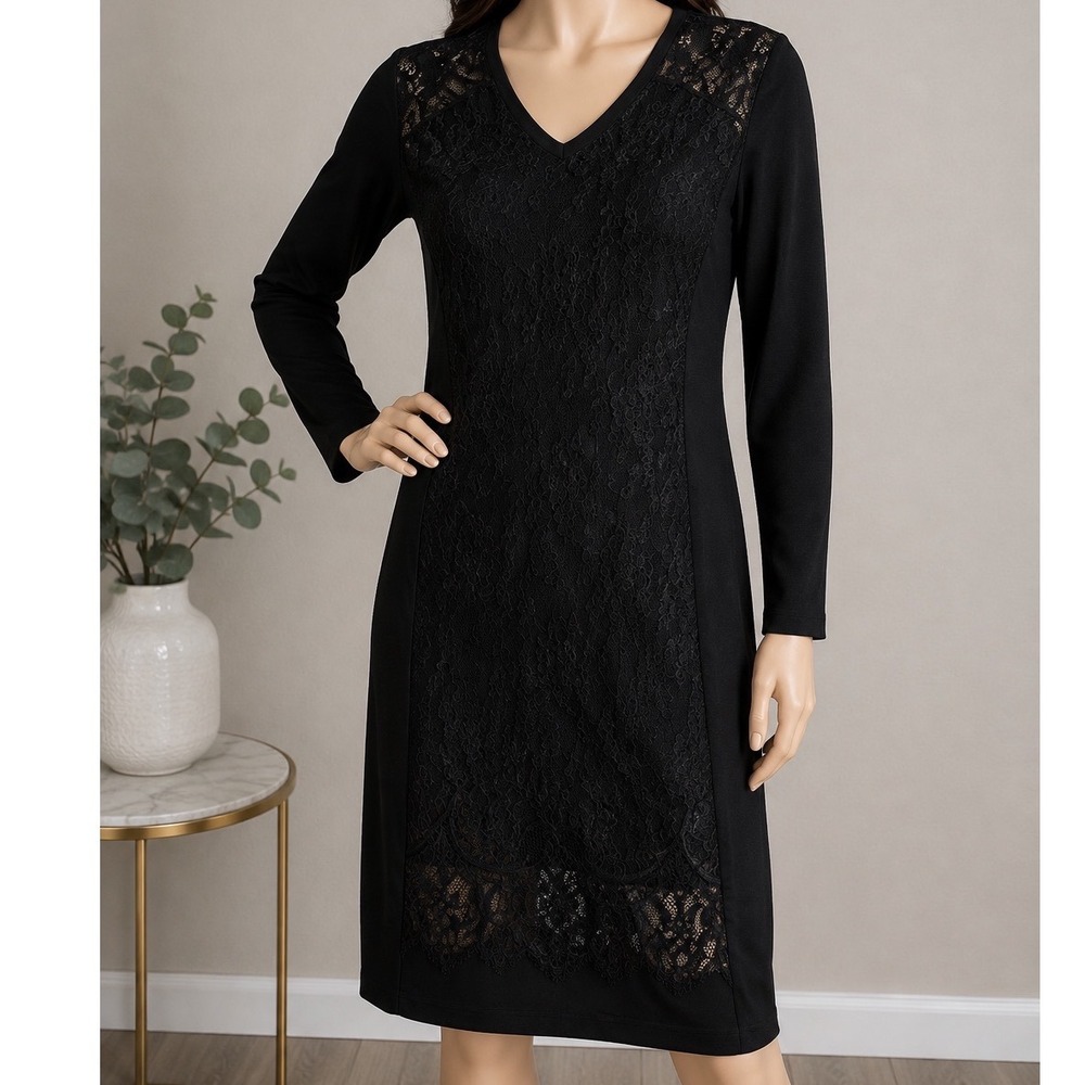 Doncaster Collection Black Silk Lace Inset Sheath Dress Size L Gothic Romantic